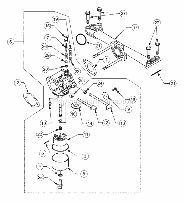 Carburetor/Intake Manifold Diagram and Parts List for 1525 13A-221F100 Cub Cadet Lawn Tractor